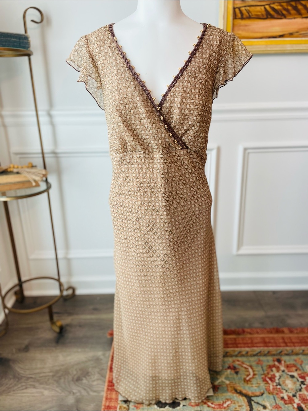 Taupe Midi Dress with Brown Beaded Trim